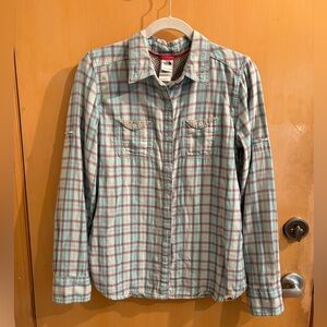 North Face Shirt Womens Medium Blue Plaid Layered Roll Tab Hiking Outdoor Button